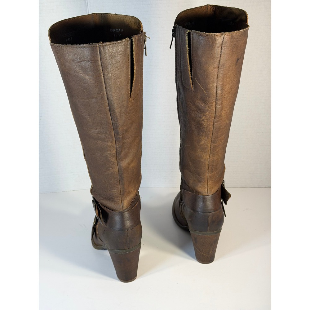 Born Crown Brown Leather Tall Knee High Buckle Moto Boots Block Heel Womens 8 - Picture 5 of 14